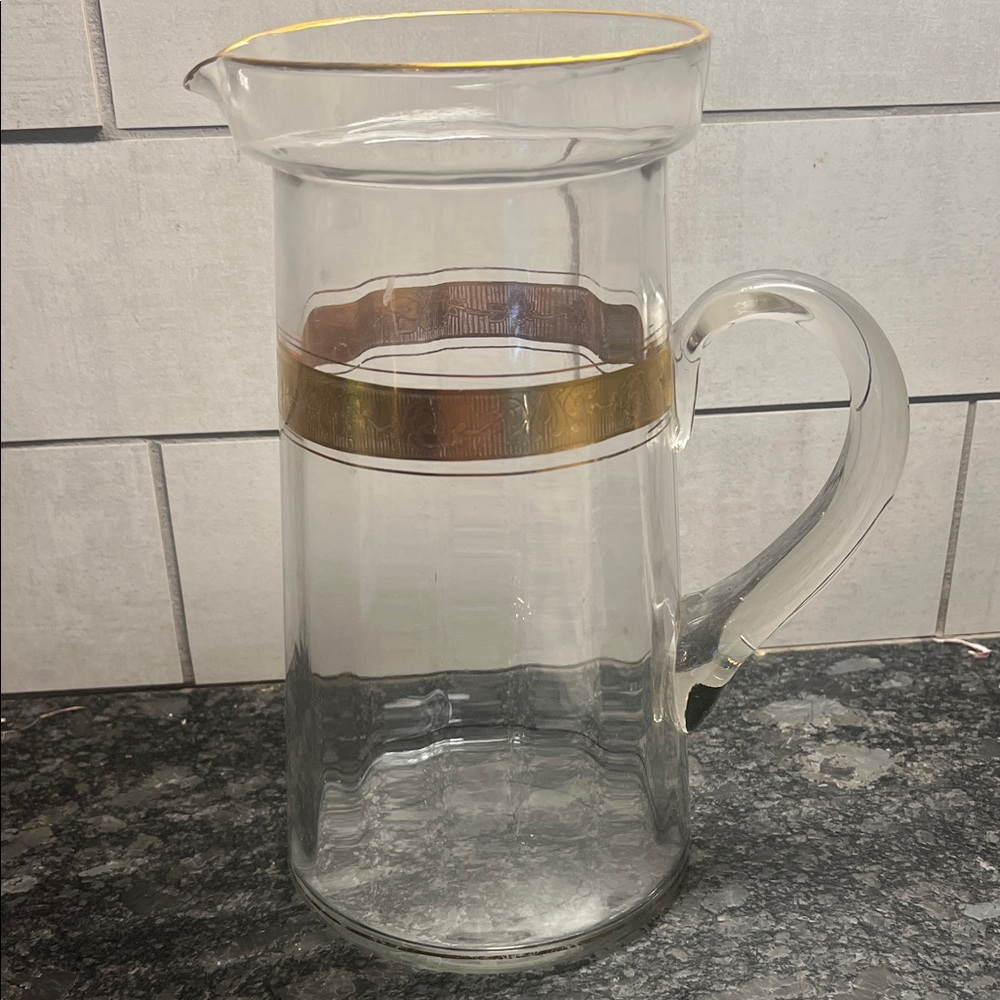 Elegant Vintage 9” Clear Glass Pitcher Gold Accents. Great for ice tea or juice